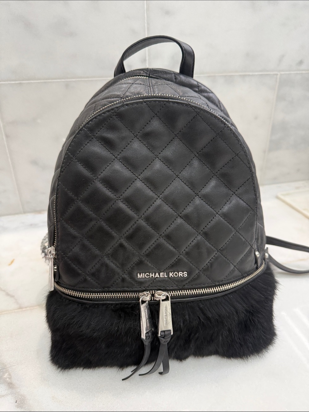 MICHAEL KORS Black Quilted Leather & Rabbit  Fur Mini Backpack. With disco ball